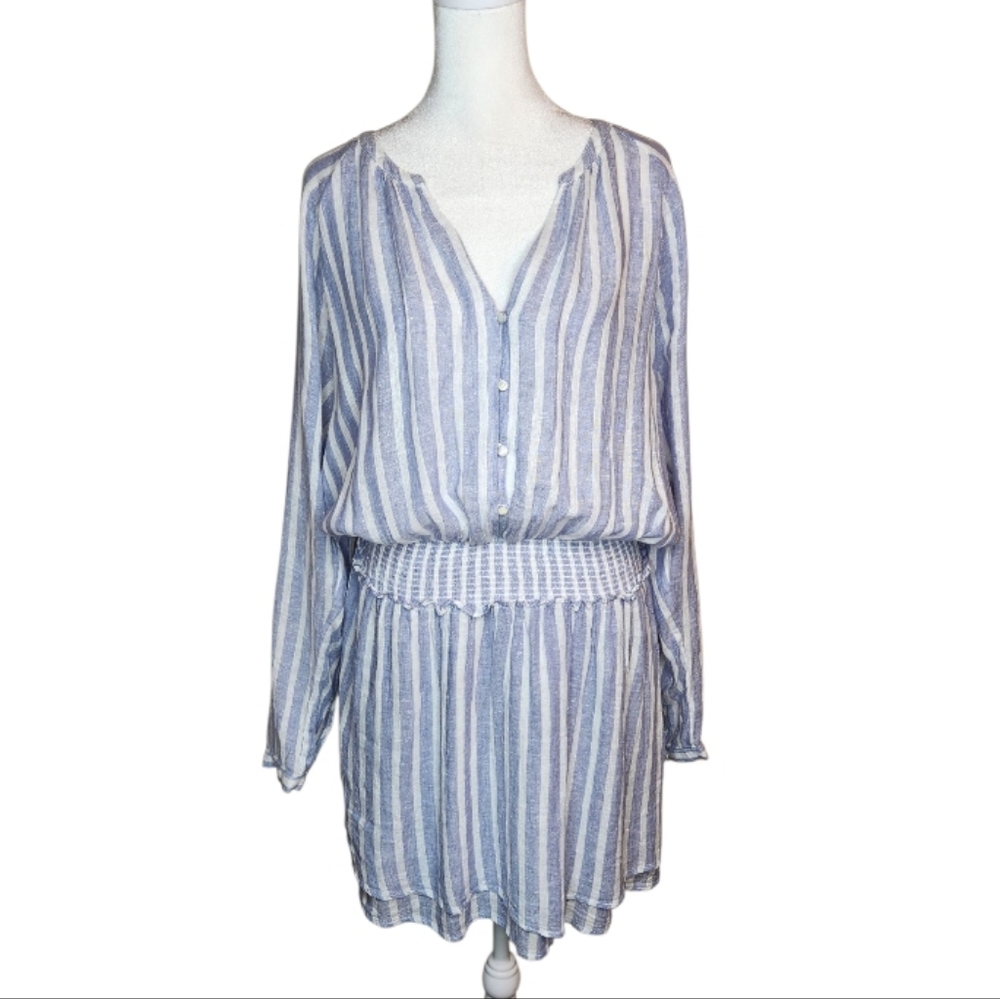 NEW Rails Jasmine Blouson Dress in Rhone Stripe Blue and White Linen Blend Large